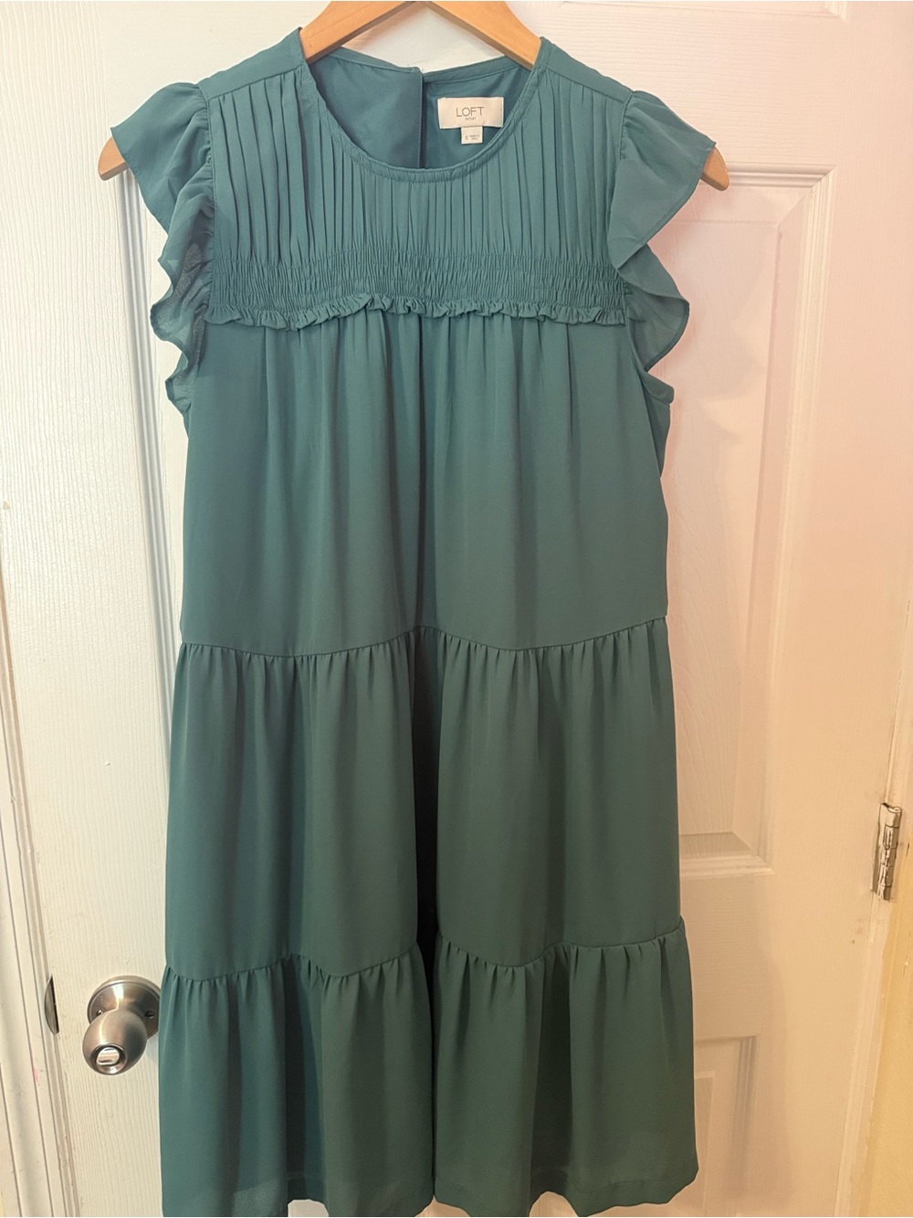 LOFT Teal Tiered Midi Dress with Ruffle Sleeves Sz Small